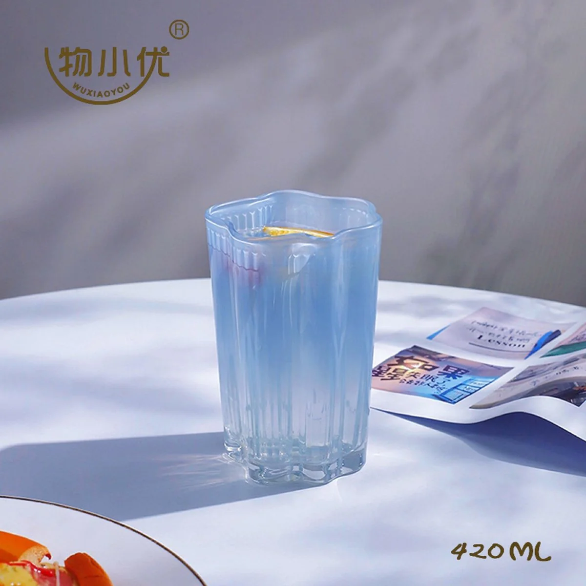 كوب زجاجي شفاف مخطط 420 مل أزرق أنيق - Image 2