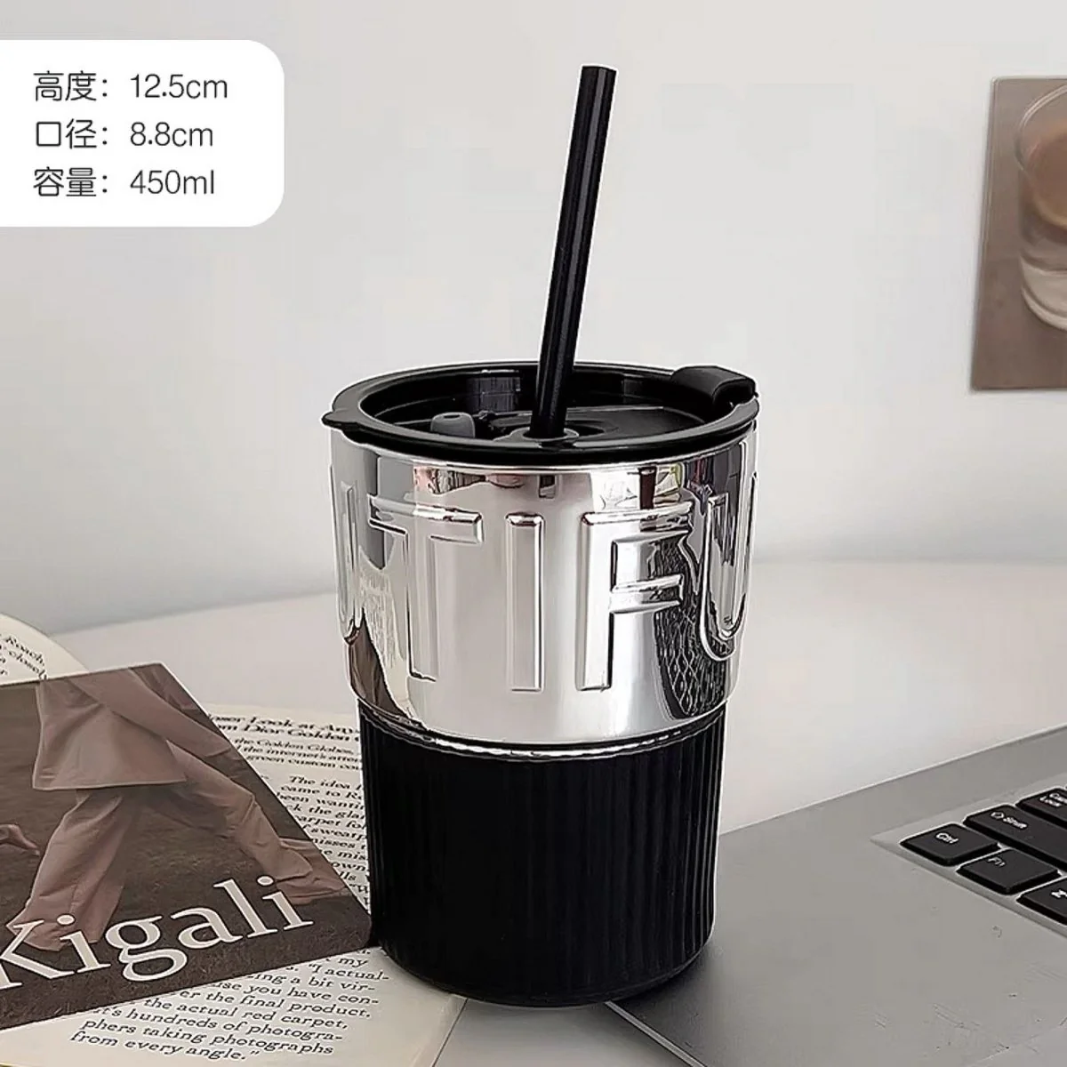 كوب قهوة زجاجي للسفر بغطاء وقشة 450 مل - Image 2